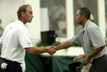 Thomas Bjørn og Tiger Woods. - Arkivfoto: AP 