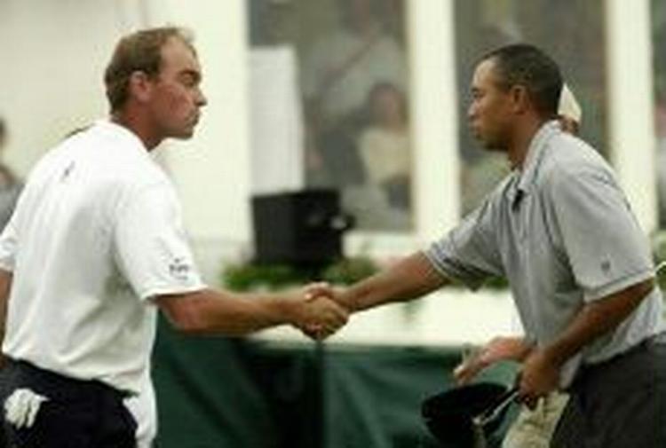 Thomas Bjørn og Tiger Woods. - Arkivfoto: AP 