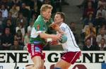 Thomas Sivertsson (th.) og Kolding bremsede Jesper Jensen og Skjern i den anden semifinale og er dermed klar til en DM-finale mod GOG.   Foto: Rasmus Baaner 