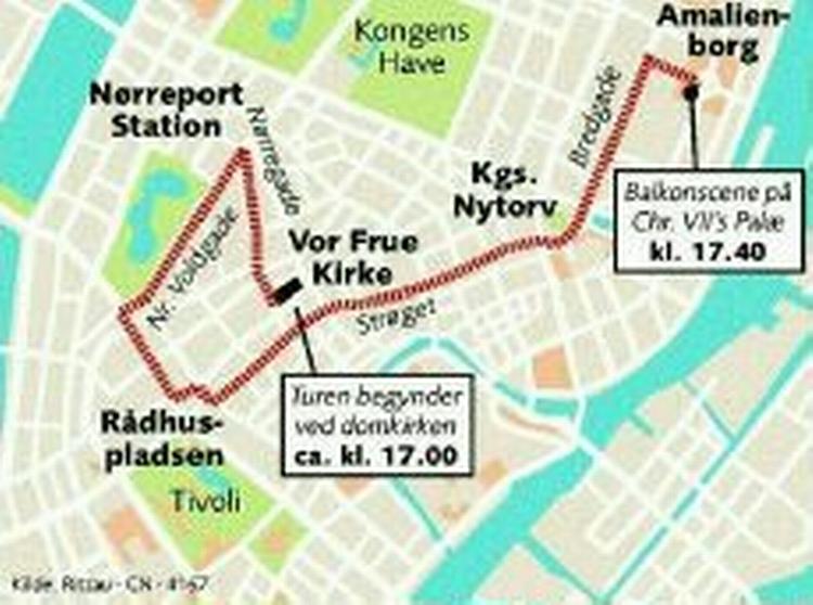 Ruten gennem København, hvor kronprins Frederik og Mary Donaldson skal køre i karet, vil være lukket af fra klokken 16.00. 