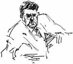 Sønnens forsvarer, Gunnar Homann, havde i går et vidne fra auktionshuset Christie's i vidnestolen. - Tegning: Flemming NyborgA! 