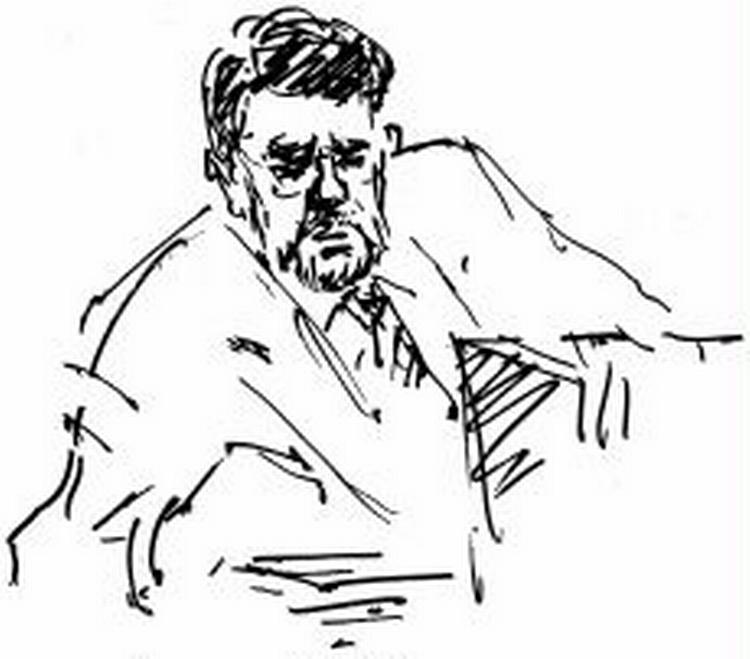 Sønnens forsvarer, Gunnar Homann, havde i går et vidne fra auktionshuset Christie's i vidnestolen. - Tegning: Flemming NyborgA! 