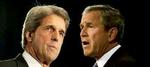 John Kerry og George W. Bush dyster i en satirisk musikvideo på nettet. De har endnu ikke dystet direkte mod hinanden i valgkampen - derfor denne fotomanipulation. - Foto: AP 