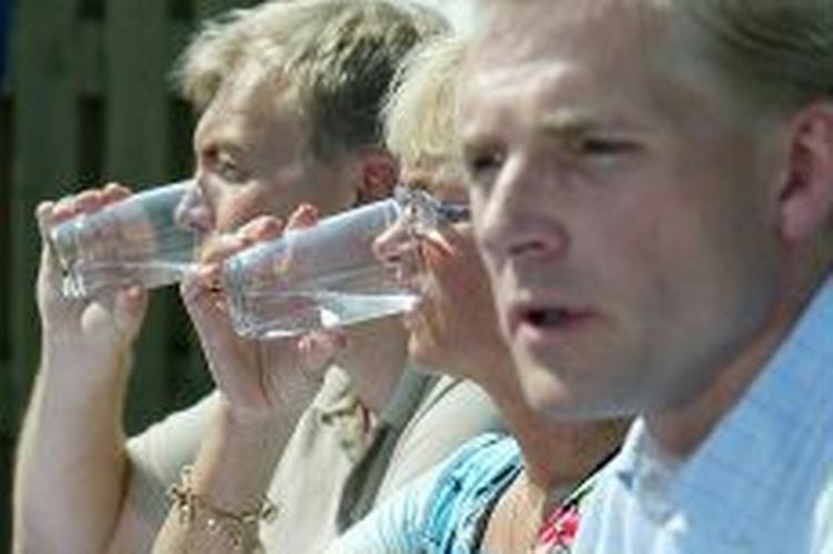 DF-toppen måtte indtage rigelige mængder vand under torsdagens sommermøde. Fra venstre er det Peter Skaarup, Pia Kjærsgaard og Kristian Thulesen Dahl. - Foto: 