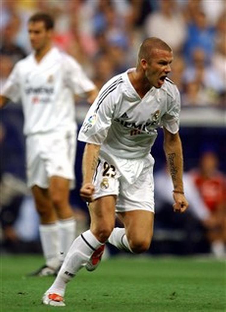 Beckham jubler efter sin scoring mod Numancia i weekenden. - Foto: AP 