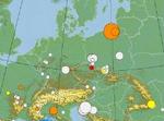 En oversigt over de seneste to ugers rystelser i Europa. Den orange cirkel er tirsdagens jordskælv. - Foto fra www.emsc-csem.org 
