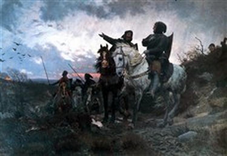 FALSUM? Drabsmændene rider bort fra den brændende Finderup Lade efter mordet på Erik Klipping 22. november 1286. Men var det nu også Marsk Stig, der stod bag? Otto Baches berømte maleri er fra 1882.   Foto: Frederiksborgmus 