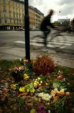 Blomster på stedet, hvor den italienske turist blev dræbt. - Foto: Jens Dresling 