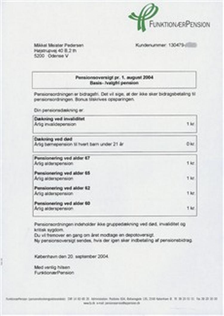 FunktionærPension lover ifølge oversigten 1 krone i invalidepension. 