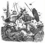 SMAK! Her hamrer en norsk viking ambolten ned i hovedet på Aslak Holmskalde. Og Lars-Henrik Olsen fortsætter: »Det var Aslak ikke forberedt på, og han faldt død om«.   Tegning: Thomas Dreyer 