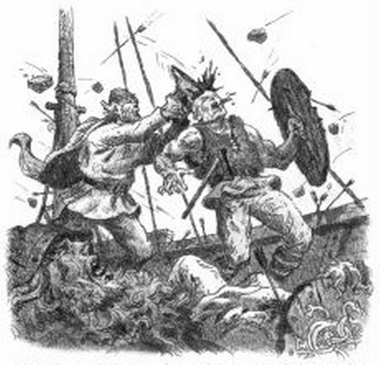 SMAK! Her hamrer en norsk viking ambolten ned i hovedet på Aslak Holmskalde. Og Lars-Henrik Olsen fortsætter: »Det var Aslak ikke forberedt på, og han faldt død om«.   Tegning: Thomas Dreyer 