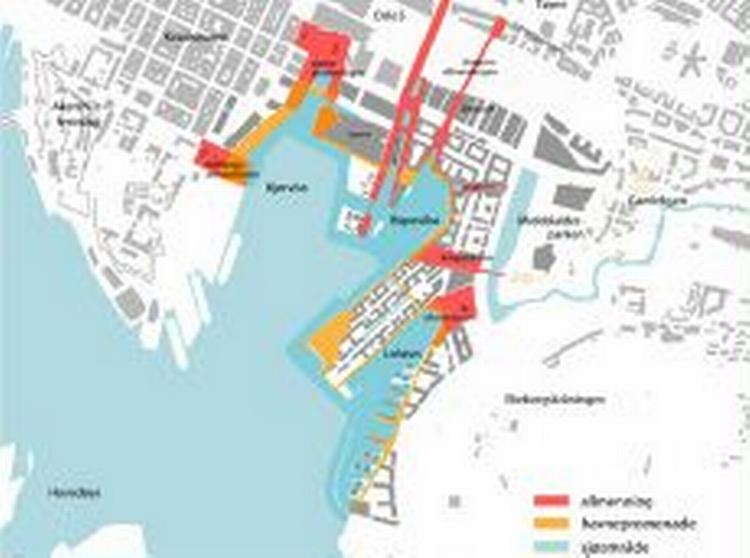Udviklingen af det farvede område lægges nu i hænderne på de danske arkitekter. - Grafik: Oslo Kommune 