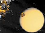 Den lille rumsonde Huygens på vej mod Saturns måne Titan.   Illustration: NASA/JPL 