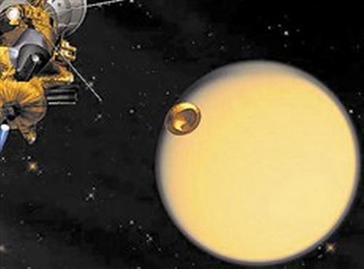 Den lille rumsonde Huygens på vej mod Saturns måne Titan.   Illustration: NASA/JPL 