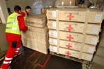 Røde Kors folk er ved at lade et fly med nødhjælp i Geneva, Schweiz. - Foto: AP 