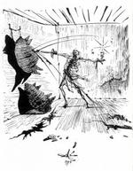 PÅ EVENTYR. Don Quijote i Salvador Dalis streg som et gespenst, en radmager og afsindig fantast. Hans kamp mod vejrmøller og indbildte hære er dårens og fanatikerens modstand mod det normale og fornuften.   Tegning fra 1946 
