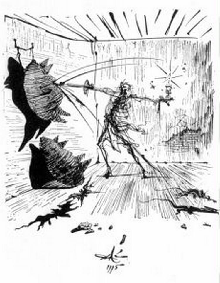PÅ EVENTYR. Don Quijote i Salvador Dalis streg som et gespenst, en radmager og afsindig fantast. Hans kamp mod vejrmøller og indbildte hære er dårens og fanatikerens modstand mod det normale og fornuften.   Tegning fra 1946 