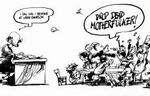'I dag skal I begynde at lære engelsk'. 'Drop dead motherfucker!'. Internet og kommercielt tv har åbnet for en overvældende amerikansk kulturpåvirkning. Børn er med allerede fra 1. klasse. - Tegning fra bogen: Roald Als 