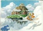 Efter at være blevet jagtet af rumpirater finder pigen Sheeta og drengen Pazu endelig det sagnomspundne svævende slot i Miyazakis film  Castle in the Sky  fra 1986.   Foto fra kataloget 