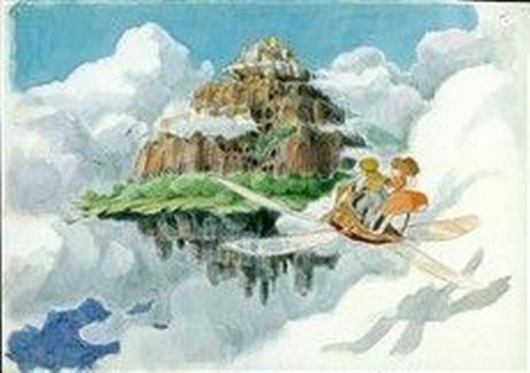 Efter at være blevet jagtet af rumpirater finder pigen Sheeta og drengen Pazu endelig det sagnomspundne svævende slot i Miyazakis film  Castle in the Sky  fra 1986.   Foto fra kataloget 