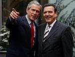 Bush og Schröder lignede på pressemødet ikke ligefrem to mænd, der i årevis har skændtes om Irak-krigen. - Foto: AP 