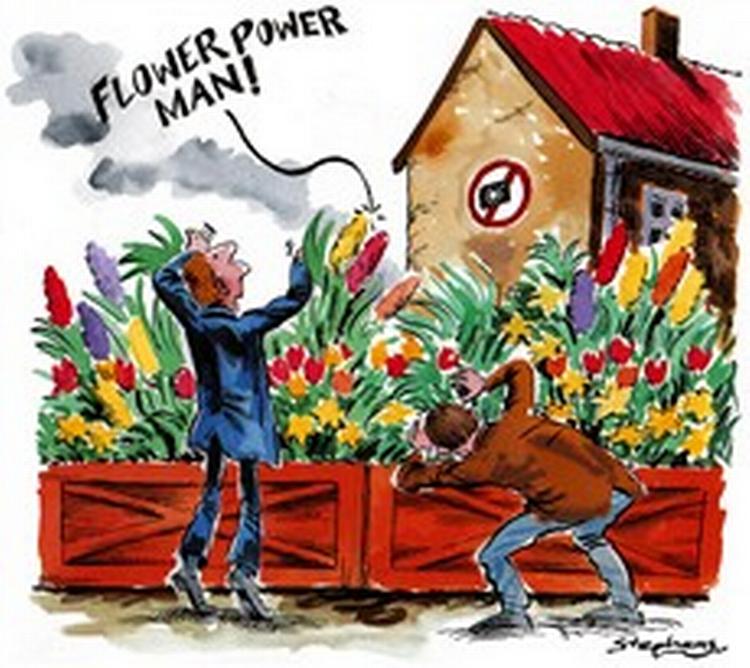 Et læhegn? Nej, vi planter da bare blomster, hr. betjent!- Tegning: Craig Stephens 