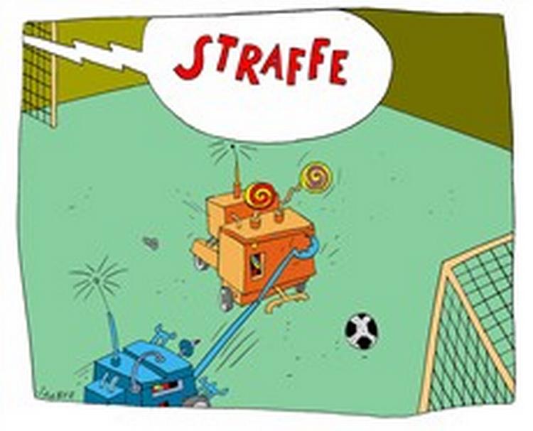 Fodboldrobotten er halvanden gange så stor som en fodbold. Tegning: Jørgen Saabye 