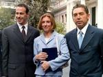 Kostadinos Kenteris (tv), Ekaterini Thanou (midt) og træneren Christos Tzekos (th.) - Arkivfoto: AP 