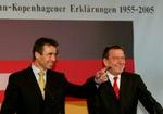 To smilende statsledere - Fogh og Schröder - ved pressemødet i Sønderborg. - Foto: AP 