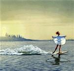 Jesus ryger sig skæv og surfer i lette gevandter hen over Genesaret Sø - og det er for galt, mener man i Grækenland. - Illustration fra tegneserien 