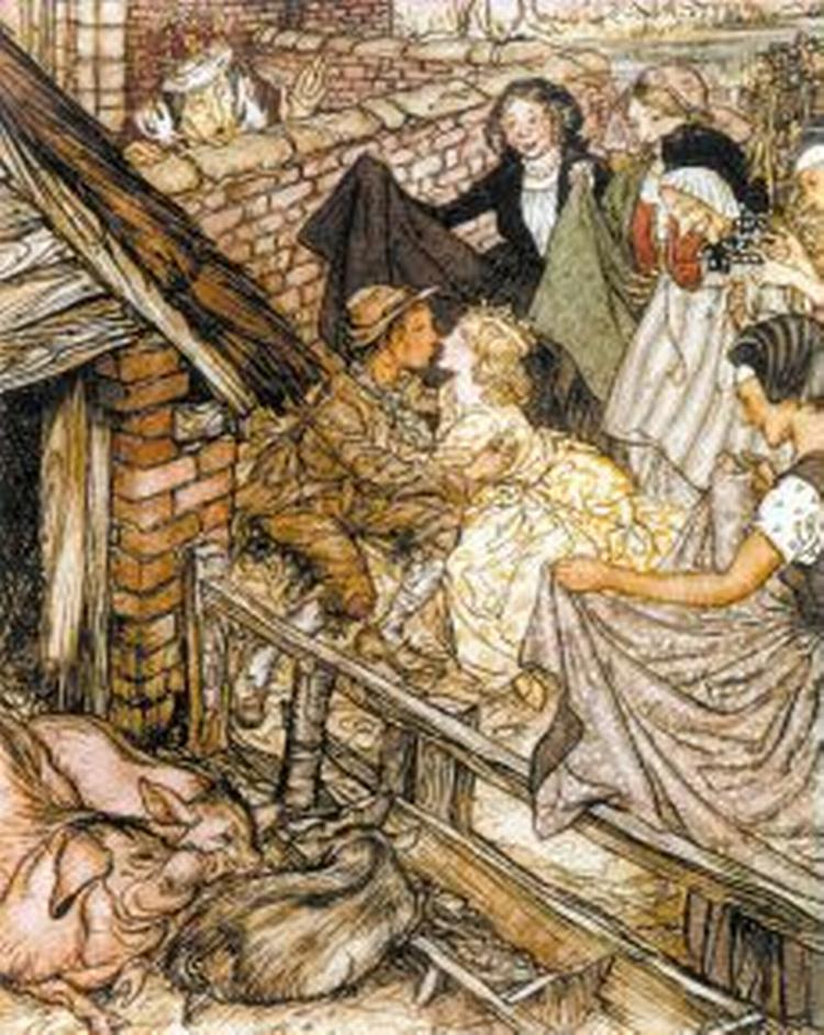 DISKRETION. Svinedrengen får sit kys anno 1932.   Illustration fra bogen: Arthur Rackham 