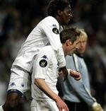 Angrebsduoen Peter Møller og Sibusiso Zuma sørgede for scoringerne mod Malmö FF.   Foto: Royal League/Per Kjærbye 