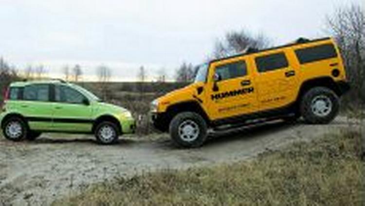Miniputten Fiat Panda og mastodonten Hummer H2 bidrager begge to med omkring 60.000 kroner i afgift til statskassen   den første på hvide plader, den anden på gule. .   Foto: Karsten Lemche/Bil Magasinet 