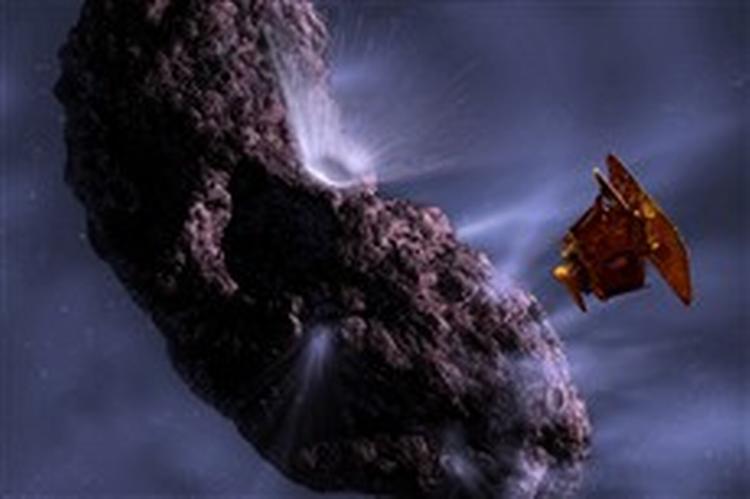 Efter en rejse på over 431 millioner kilometer vil den amerikanske rumsonde  Deep Impact s projektil ramme kometen Tempel 1. Forskerne i NASA forestiller sig, at mødet kunne tage sig således ud.   Computergrafik: NASA 