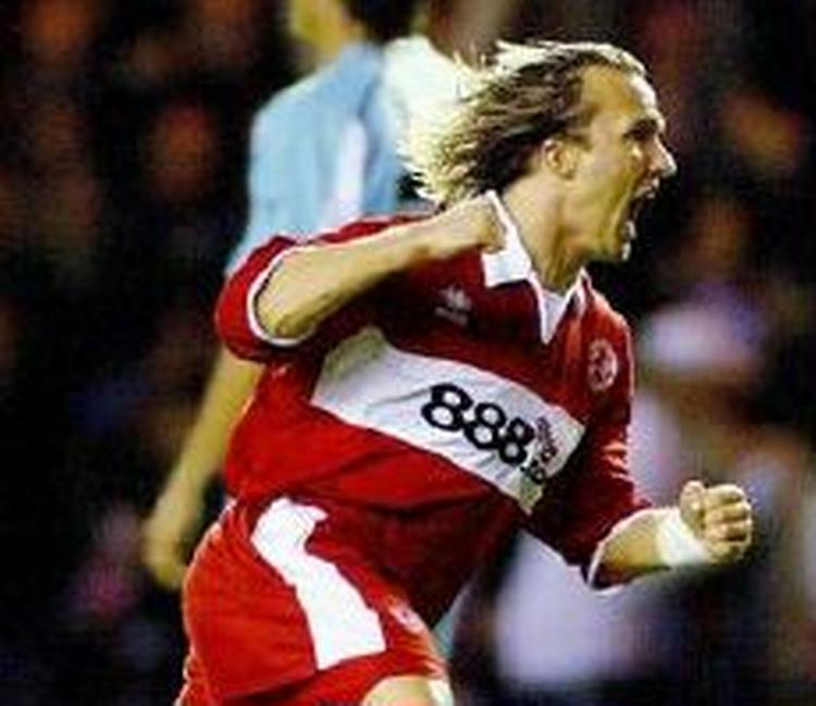 Boudewijn Zenden jubler efter en scoring for Middlesbrough. - Arkivfoto: AP. 
