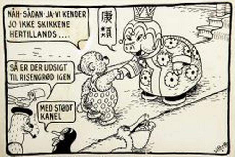 I boet efter Rasmus Klumps skabere lå tegningerne til en historie, hvor Rasmus Klump rejser til Kina.   Tegning: Vilhelm Hansen 