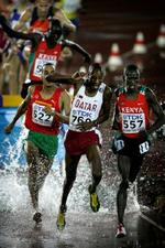 Kenyanerne jagtede endnu en gang Saïf Saaeed Shaeen (hvid), der stiller op for Qatar, men kunne intet stille op, da forhindringsløbets mester åbnede op. 