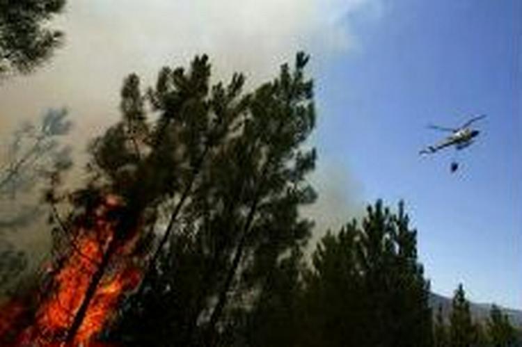 En helikopter bekæmper voldsomme flammer i et område nord for Lissabon. - Foto: AP 