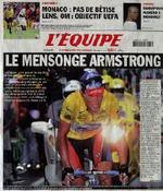 Forsiden af L'Equipe, hvor det amerikanske cykelfænomen anklages for at dope sig. - Foto: AP 