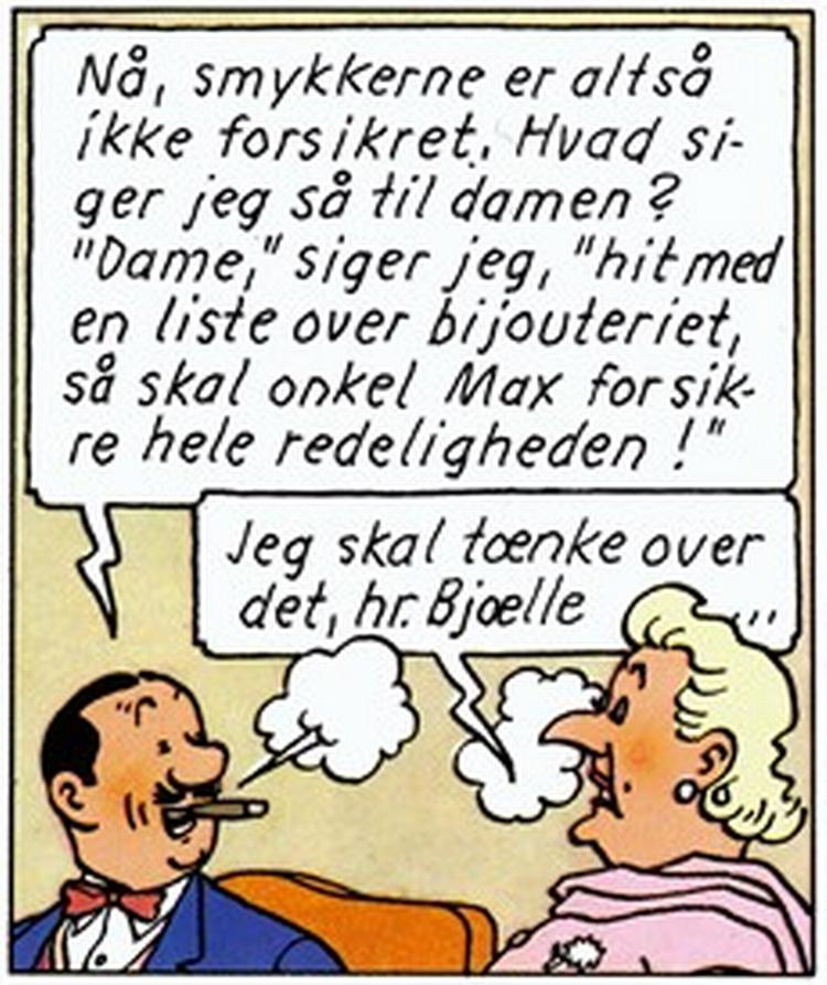 Kært barn har mange navne. Og Max Bjævermose får måske et nyt. Her i 'Det gådefulde juveltyveri' bliver han f.eks. også kaldt hr. Bjælle! - Tegning: Hergé 