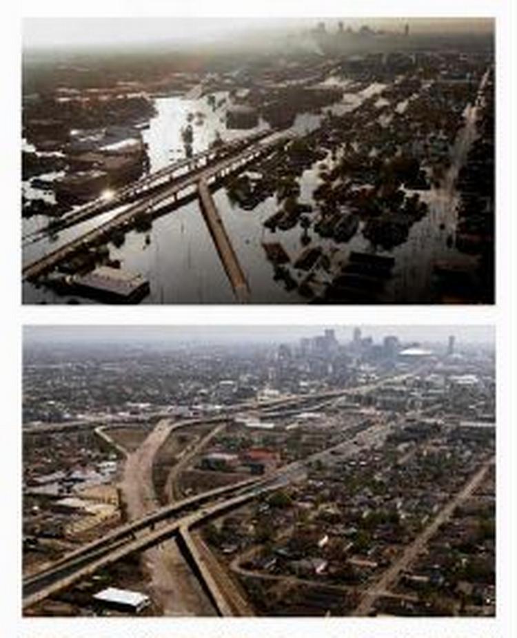 Vandet trækker sig tilbage - her forandringen på de to uger, der er gået siden orkanen. - Foto: AP 