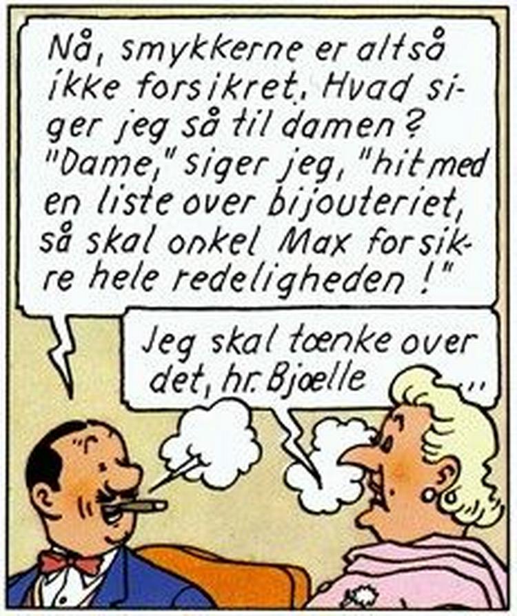 Kært barn har mange navne. Og Max Bjævermose får måske et nyt. Her i 'Det gådefulde juveltyveri' bliver han f.eks. også kaldt hr. Bjælle! - Tegning: Hergé 