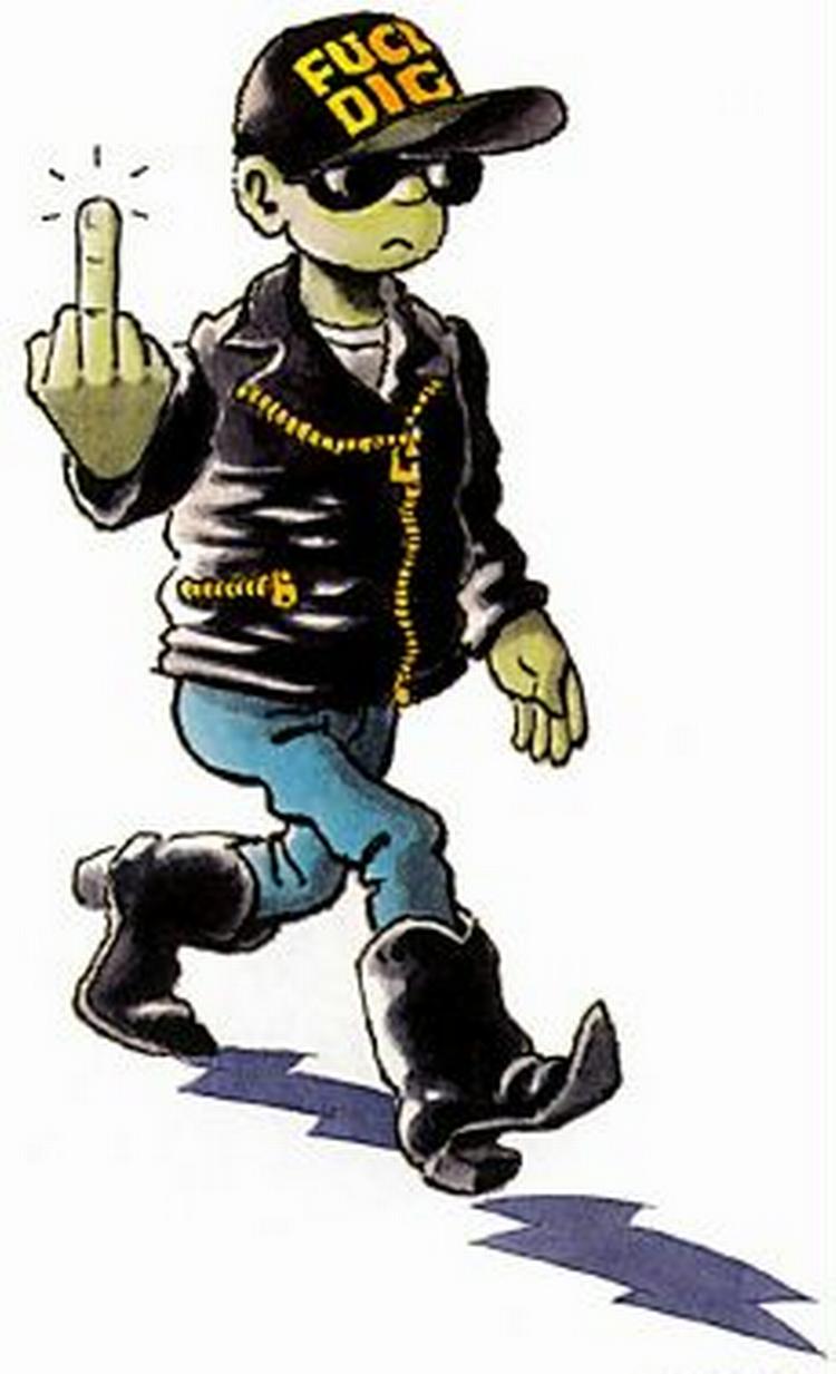 FUCK! Blege Johnny går på scenen i sit nye, sorte outfit. Han ved ikke, hvad der venter ham.   Tegning: Jon Ranheimsæter 