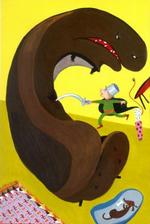 TIL ANGREB! Den onde Tyrannosofa har ædt alle ordene omkring kaffebordet. Så drengen Joakim må kæmpe for at redde sin familie.   Illustration fra  Drengen der gik over gevind og andre eventyrlige historier : Tove Krebs Lange 