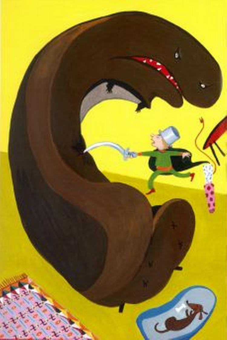 TIL ANGREB! Den onde Tyrannosofa har ædt alle ordene omkring kaffebordet. Så drengen Joakim må kæmpe for at redde sin familie.   Illustration fra  Drengen der gik over gevind og andre eventyrlige historier : Tove Krebs Lange 
