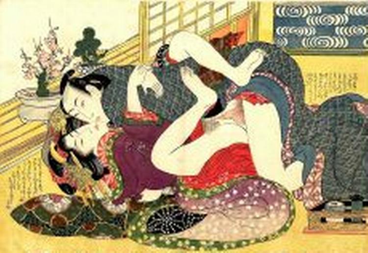 FORÅR. Japanerne har en århundredgammel tradition for erotiske udgivelser. Shunga-billederne   shunga betyder forår   blev brugt dels som morsomme erotiske øjenstimuli, dels til uddannelse af unge mænd og kvinder.   Foto: Politiken 