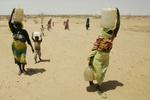 Kvinder og børn fra Darfur-området i Sudan slæber vand til deres flygtningelejr i det østlige Tchad. FN advarer om, at situationen i Darfur kan ende med borgerkrig. - Arkivfoto: AP 
