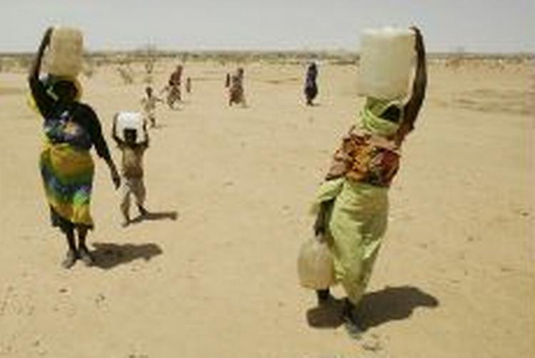 Kvinder og børn fra Darfur-området i Sudan slæber vand til deres flygtningelejr i det østlige Tchad. FN advarer om, at situationen i Darfur kan ende med borgerkrig. - Arkivfoto: AP 