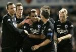 Jublende FCK-spillere efter en Alvaro Santos-scoring. - Foto: Claus Bonnerup 