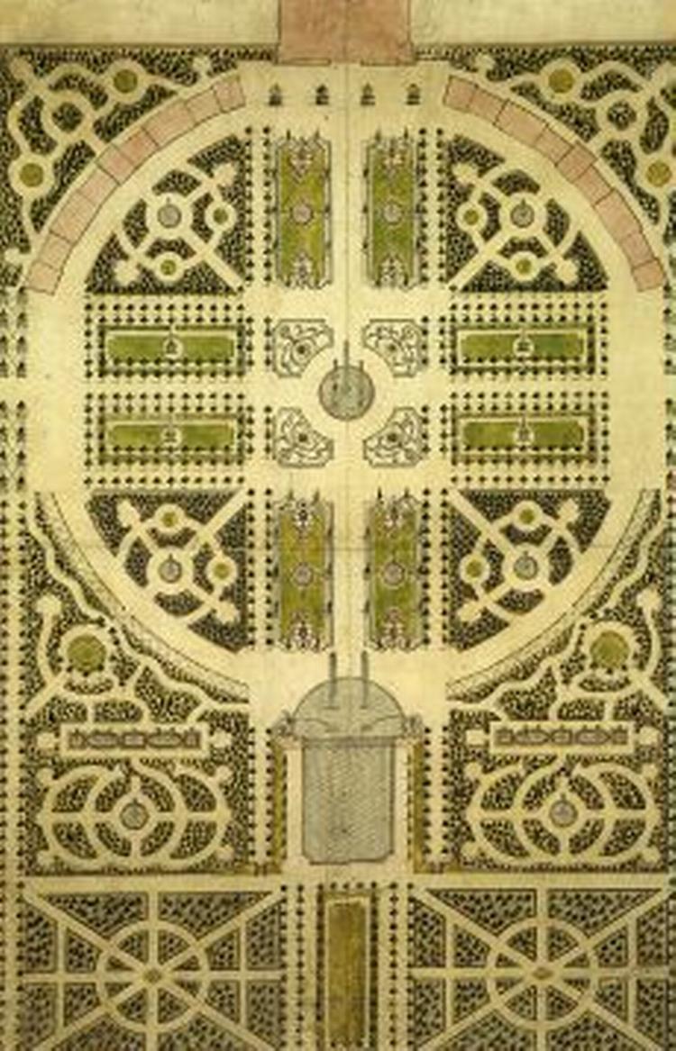 OVERBLIK. Bogen er rigt illustreret af gamle tegninger og stik af store europæiske haver. Her er det Johann Ludwig Petris farvelagte tegning af Schweitzingen fra 1753   med slottet øverst.   Illustration: Kurpfälzisches Museum der Stadt Heidelberg 